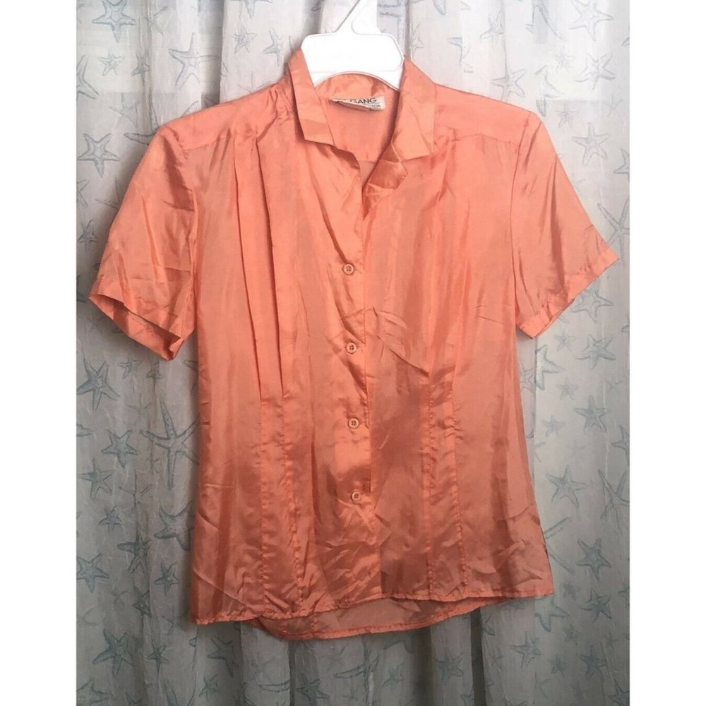 Vintage Silk Blouse Le Gang Montreal Canada size Small Orange Peach short sleeve